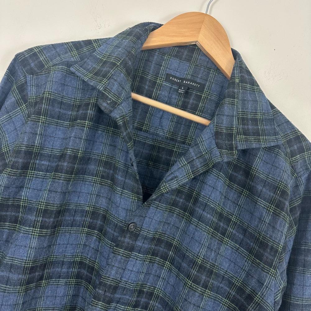 Robert Barakett Flannel Shirt Blue Green Plaid Long Sleeve Button Up Mens Large